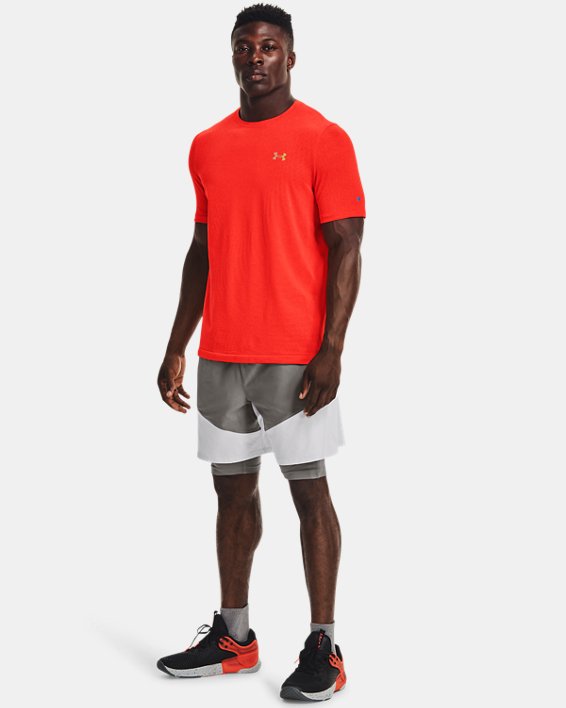 Men's UA RUSH™ HeatGear® Seamless Illusion Short Sleeve in Orange image number 2